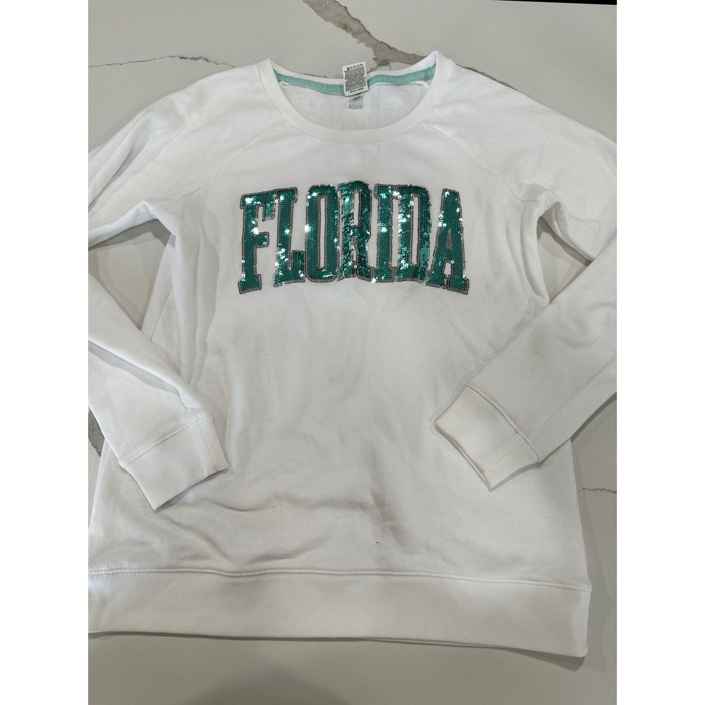 Victoria's Secret PINK White Florida Aqua Sequin Sweatshirt Pullover Women's S
